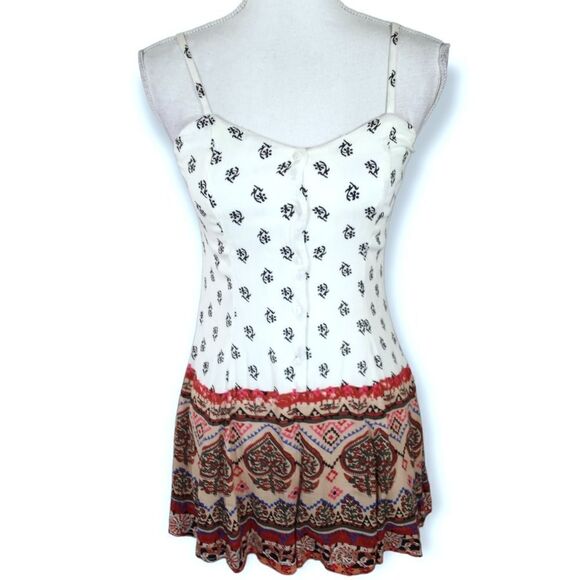 XHILARATION MULTICOLOR CREAM & TAN BUTTON DOWN ROMPER SZ.XS EUC - Picture 1 of 6